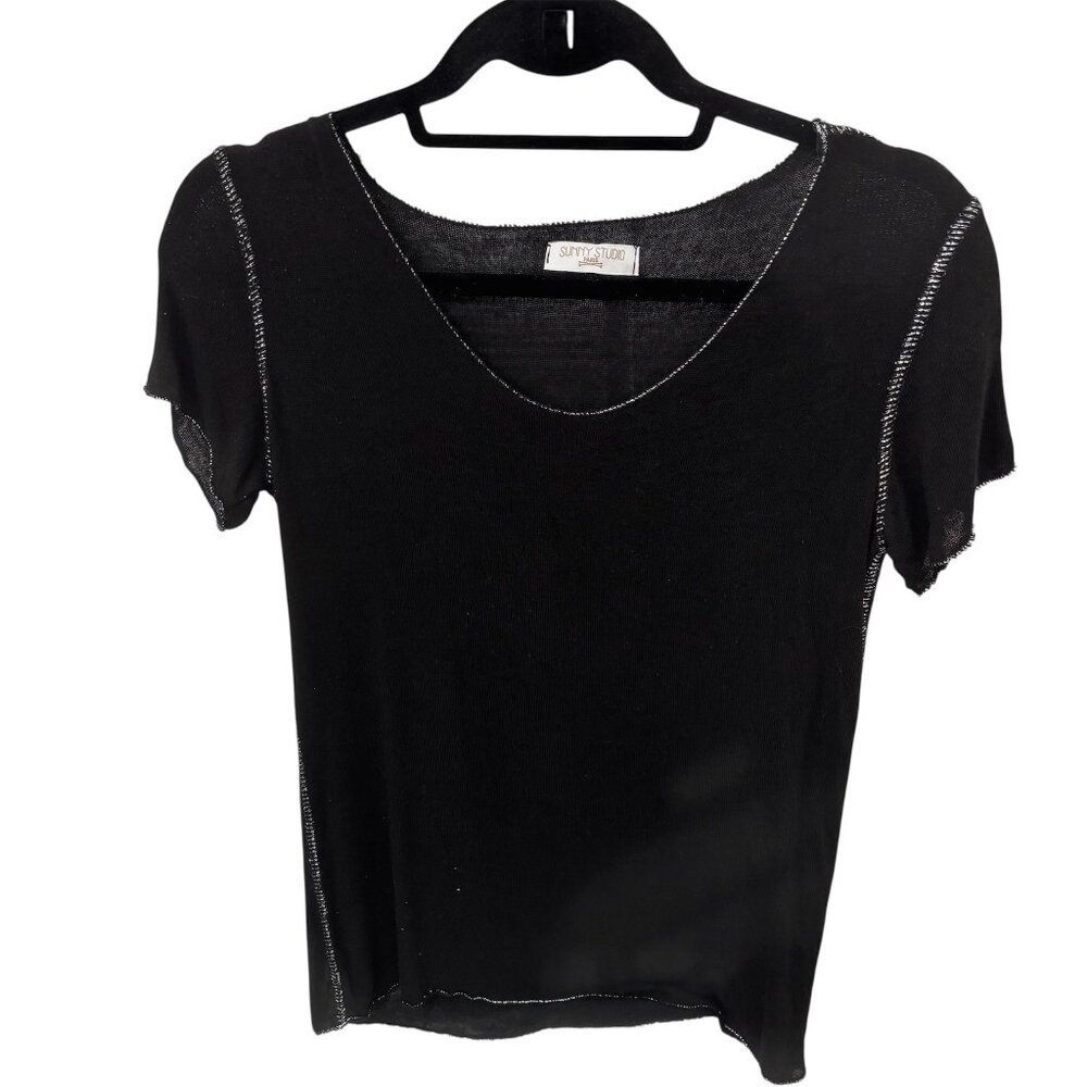 Sunny Studio Women's Black Short SleeveTop with Silver Trim sz S